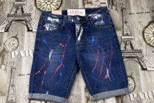 Къси дамски дънки с цветни пръски - 3291/1 - размери от 29 до 36 - тъмно сини