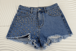 Дънкови къси дамски панталонки - 3758 - сини с капси