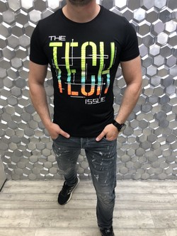 Мъжка тениска с цветен надпис - 20259 - черна