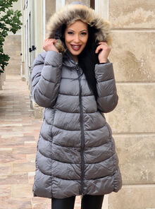 Дълго зимно дамско яке - 1618 - сиво размер 46 до 54