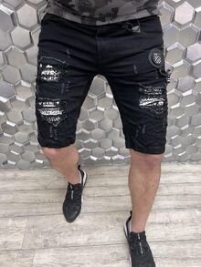 Мъжки къси дънки в черно с модни кръпки