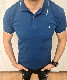 Мъжка тениска в петролено синьо с яка до 5ХЛ